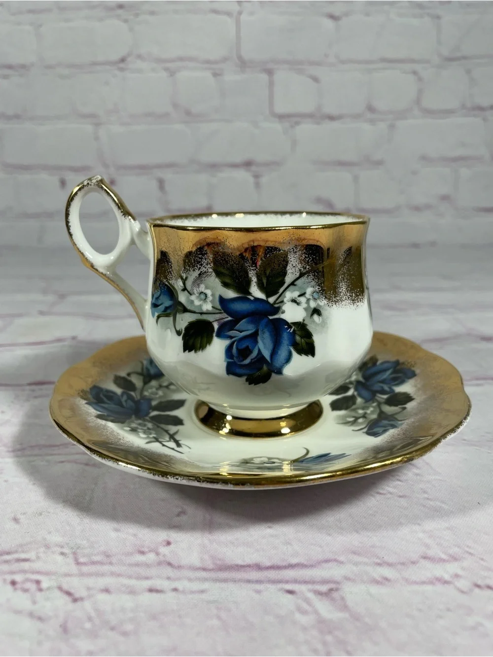 Vintage Taylor & Kent Elizabethan Blue Floral Gold Gilt Teacup and Saucer Set